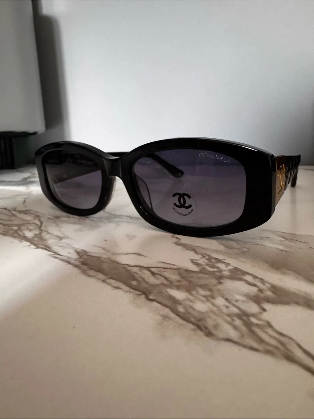 Chanel gold logo Black Rectangular Sunglasses - Classic Women Accessories